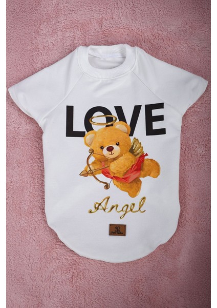 Beyaz Ince Yazlık Kollu Tişört Love Ayıcıklı Baskılı Kedi Köpek Kıyafeti