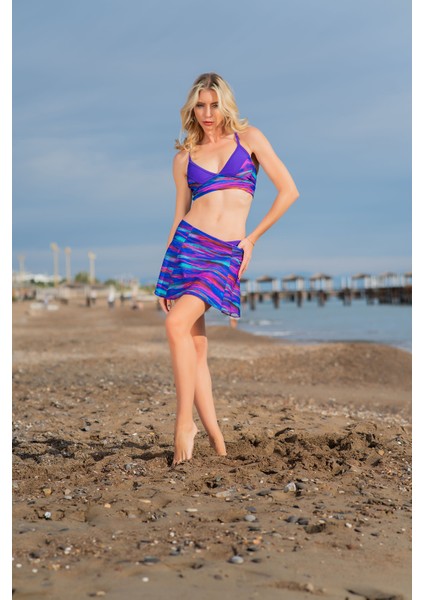 Rukomayo Mor Desenli Parçalı Model Omuzdan Askılı Lycra Kumaş Etekli Üçgen Bikini