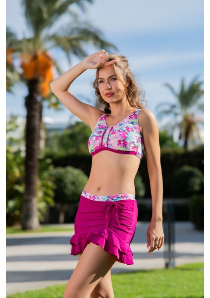 Rukomayo Pembe Desenli Toparlayıcı Model Omuzdan Ayar Askılı Lycra Kumaş Etekli Bikini