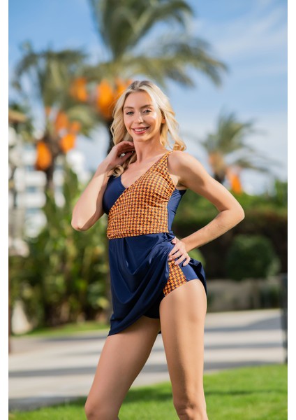 Rukomayo Lacivert Turuncu Desenli Kruvaze Omuzdan Ayar Askılı Lycra Kumaş Yüksek Bel Tankini