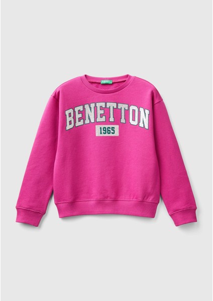 Kız Çocuk Fuşya Önü Parıltılı Logo Baskılı Bisiklet Yaka Sweatshirt