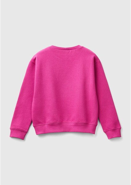 Kız Çocuk Fuşya Önü Parıltılı Logo Baskılı Bisiklet Yaka Sweatshirt