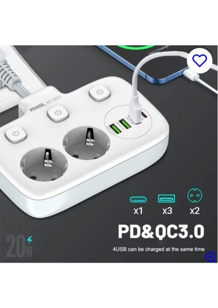 Akım Korumalı 2'li Ayrı Anahtarlı Priz, 2x Priz, 3x Usb, 1x Type-C, 2 mt Kablo, Hızlı Şarj
