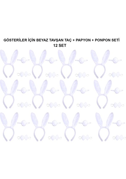 Beyaz Tavşan Kostüm Seti - Taç, Papyon, Kuyruk (12 Li Paket)
