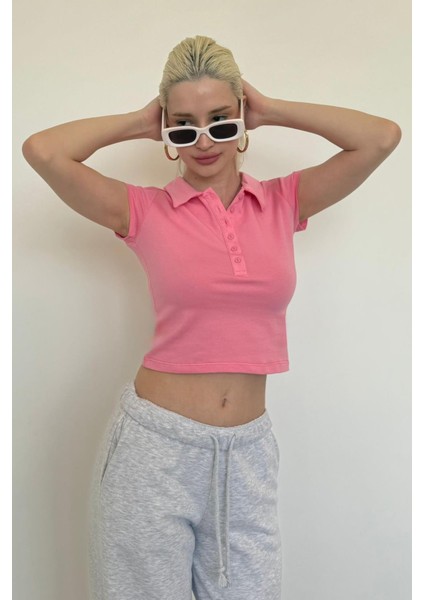 Pembe Polo Yaka Basic Kadın Tişört MG2455