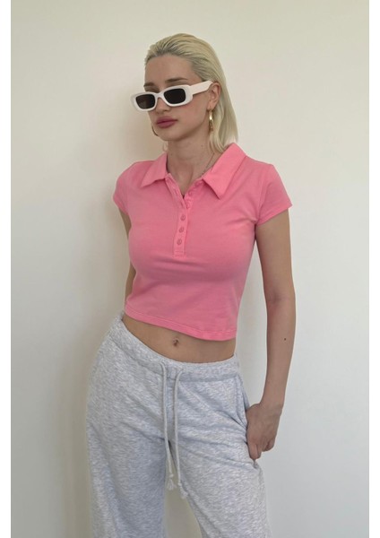 Pembe Polo Yaka Basic Kadın Tişört MG2455