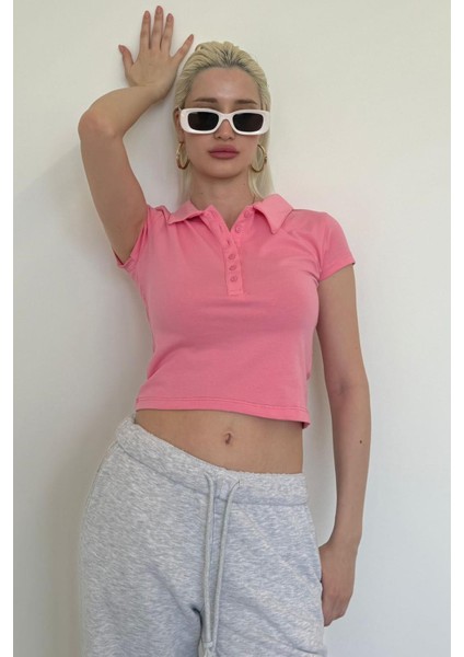Pembe Polo Yaka Basic Kadın Tişört MG2455