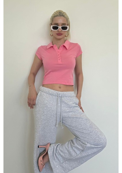 Pembe Polo Yaka Basic Kadın Tişört MG2455