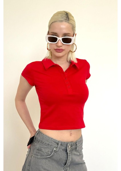 Kırmızı Polo Yaka Basic Kadın Tişört MG2455