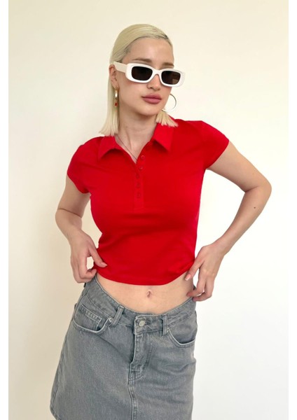 Kırmızı Polo Yaka Basic Kadın Tişört MG2455 fiyatları