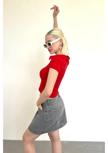 Kırmızı Polo Yaka Basic Kadın Tişört MG2455 modelleri