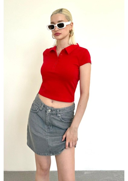 Kırmızı Polo Yaka Basic Kadın Tişört MG2455 fırsatları