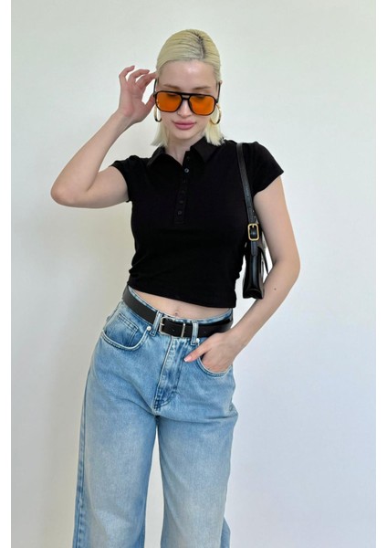 Siyah Polo Yaka Basic Kadın Tişört MG2455 fiyatları