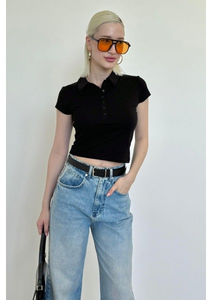 Siyah Polo Yaka Basic Kadın Tişört MG2455 modelleri