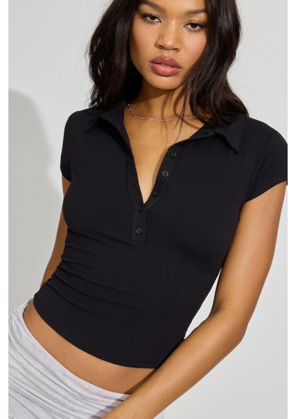 Siyah Polo Yaka Basic Kadın Tişört MG2455 fırsatları