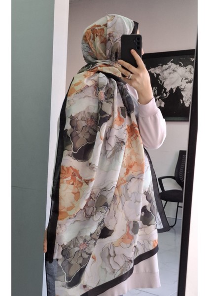 Aminenesil Floral Siyah Bej Turuncu Renk Şal