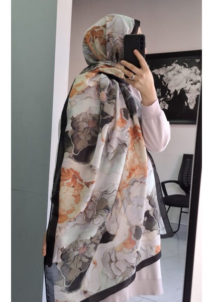 Aminenesil Floral Siyah Bej Turuncu Renk Şal