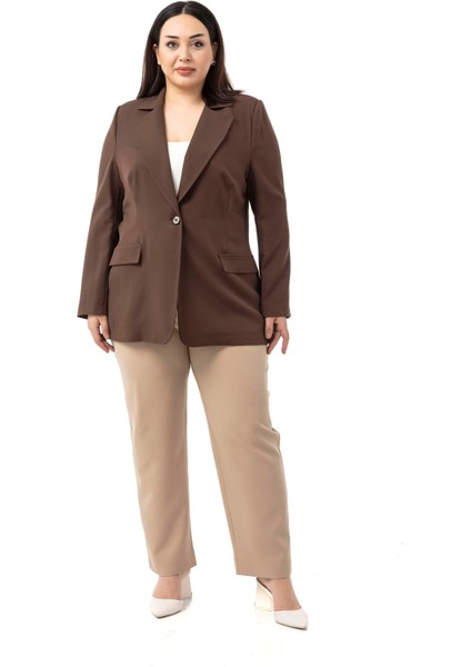 Büyük Beden Tek Düğmeli Süs Cep Kapaklı Vatkalı Astarsız Kahverengi Ceket