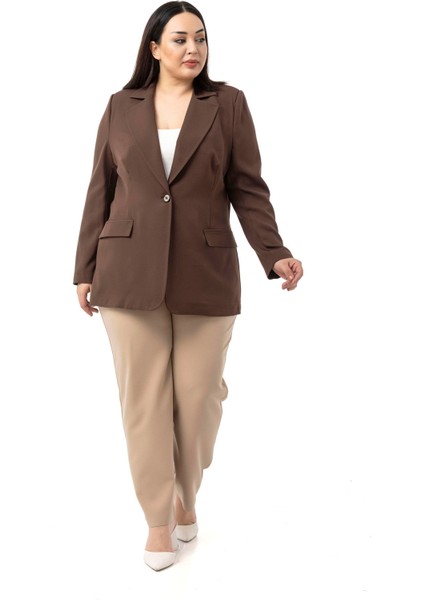 Büyük Beden Tek Düğmeli Süs Cep Kapaklı Vatkalı Astarsız Kahverengi Ceket fırsatları