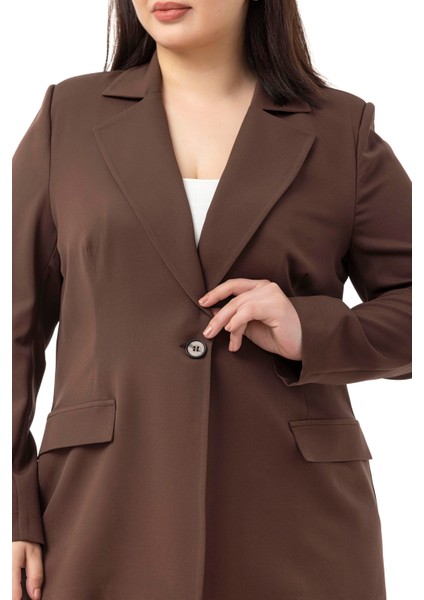 Büyük Beden Tek Düğmeli Süs Cep Kapaklı Vatkalı Astarsız Kahverengi Ceket indirimleri