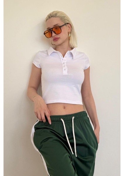 Beyaz Polo Yaka Basic Kadın Tişört MG2455 fırsatları