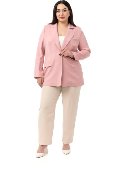 Büyük Beden Tek Düğmeli Süs Cep Kapaklı Vatkalı Astarsız Pembe Ceket