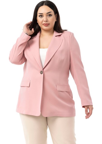 Büyük Beden Tek Düğmeli Süs Cep Kapaklı Vatkalı Astarsız Pembe Ceket fiyatları