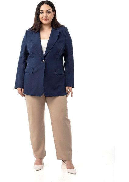 Büyük Beden Tek Düğmeli Süs Cep Kapaklı Vatkalı Astarsız Lacivert Ceket