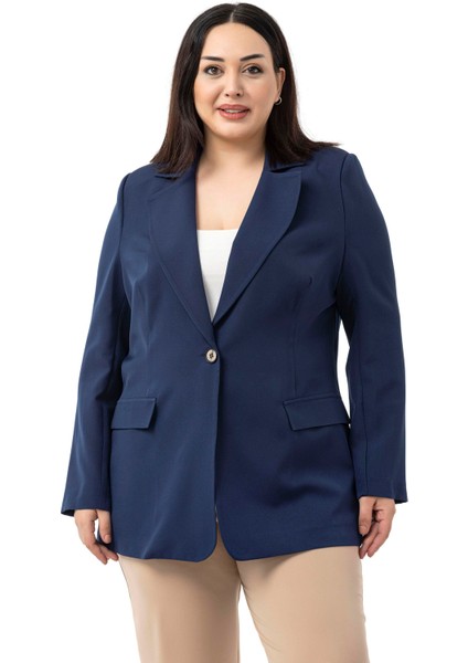 Büyük Beden Tek Düğmeli Süs Cep Kapaklı Vatkalı Astarsız Lacivert Ceket fiyatları