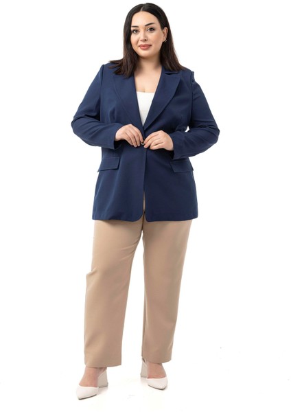 Büyük Beden Tek Düğmeli Süs Cep Kapaklı Vatkalı Astarsız Lacivert Ceket fırsatları