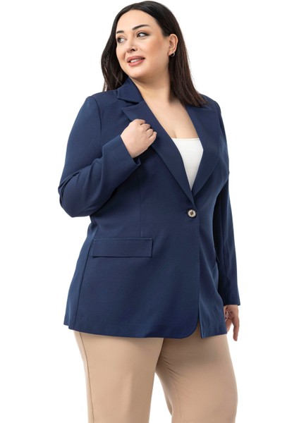 Büyük Beden Tek Düğmeli Süs Cep Kapaklı Vatkalı Astarsız Lacivert Ceket indirimleri