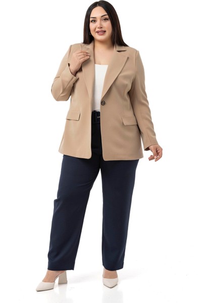 Büyük Beden Tek Düğmeli Süs Cep Kapaklı Vatkalı Astarsız Vizon Ceket