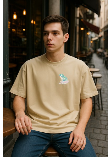Kurbağa Baskılı Unisex %100 Pamuk Oversize Bisiklet Yaka Bej T-Shirt modelleri