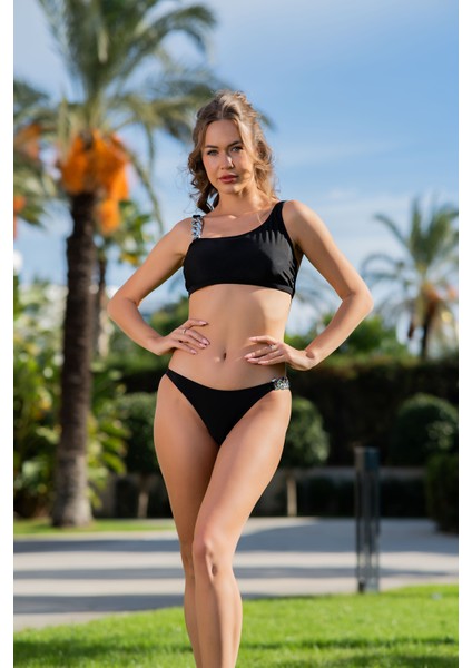 Rukomayo Siyah Zincir Detaylı Tek Omuz Lycra Kumaş Bikini