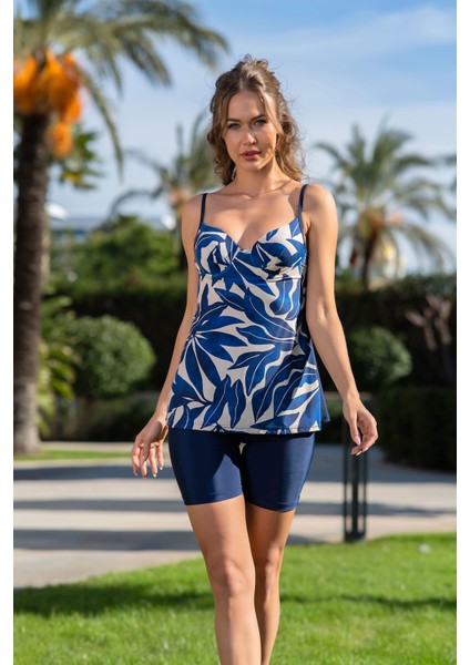Rukomayo Lacivert Yaprak Desenli Omuzdan Ayarlanabilir Askılı Kaplı Lycra Kumaş Şortlu Tankini