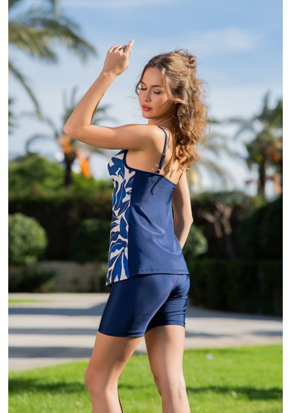Rukomayo Lacivert Yaprak Desenli Omuzdan Ayarlanabilir Askılı Kaplı Lycra Kumaş Şortlu Tankini fiyatları