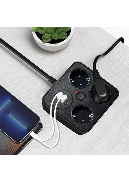 Akım Korumalı Anahtarlı Priz - 3x Priz - 2x USB - 2x Type-C - 2 mt Kablo Hızlı Şarj Özellikli Siyah