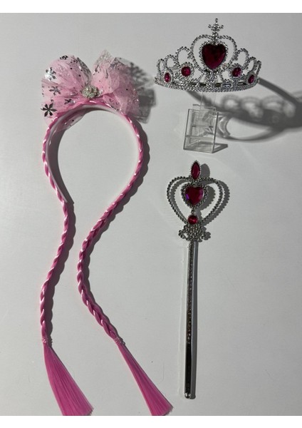 Kız Çocuk Elsa 2'li Taç ve Asalı Set -Pembe
