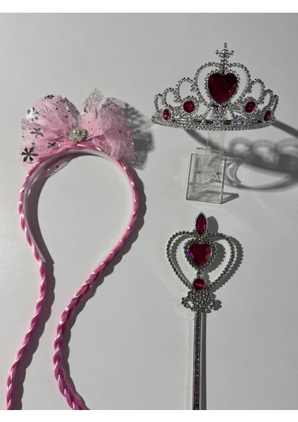 Kız Çocuk Elsa 2'li Taç ve Asalı Set -Pembe modelleri