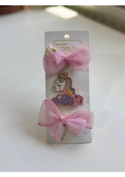 Kız Çocuk 3' Lü Unicorn Klips Toka Pembe