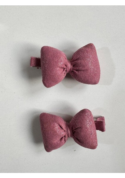 Kız Çocuk Simli Fiyonklu 2'li Klips Toka Pembe