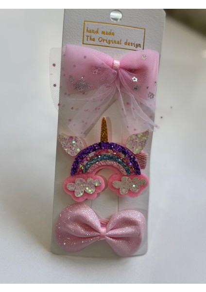 Kız Çocuk 3' Lü Unicorn Klips Toka Açık Pembe