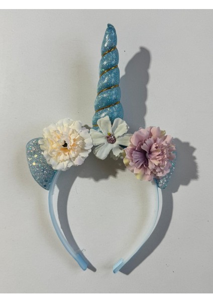 Kız Çocuk Unicorn Çiçekli Taç Mavi