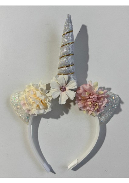 Kız Çocuk Unicorn Çiçekli Taç Beyaz