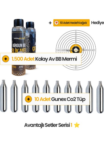10 Co2 Tüp, 1500 4.5mm Bbs Mermi Set Hediyeli
