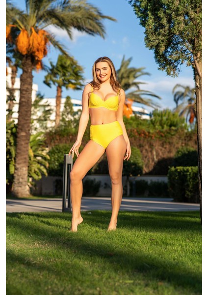 Rukomayo Sarı Büzgülü Model Ayar Askılı Yüksek Bel Kaplı Dolgulu Lycra Kumaş Bikini
