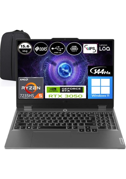 Loq 15ARP9 R5-7235HS 32 GB Ram 512GB SSD RTX3050 6g 15.6” Fhd IPS Windows 11 Pro 83JC000PTREP3 Taşınabilir Bilgisayar + Elektropasaj Çanta