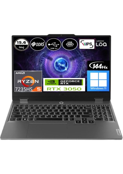 Loq 15ARP9 R5-7235HS 32 GB Ram 512GB SSD RTX3050 6g 15.6” Fhd IPS Windows 11 Pro 83JC000PTREP3 Taşınabilir Bilgisayar + Elektropasaj Çanta