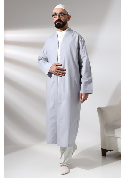 Gri Erkek Namaz Elbisesi V Yaka Düğmesiz Önü Açık Namaz Cübbesi fiyatları