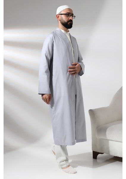 Gri Erkek Namaz Elbisesi V Yaka Düğmesiz Önü Açık Namaz Cübbesi modelleri